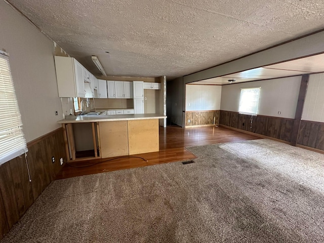 8565 Smith Calhoun Rd Unit 162, Plain City, OH 43064 - kitchen with dark colored carpet, wood walls, a peninsula, a wainscoted wall, and white cabinets