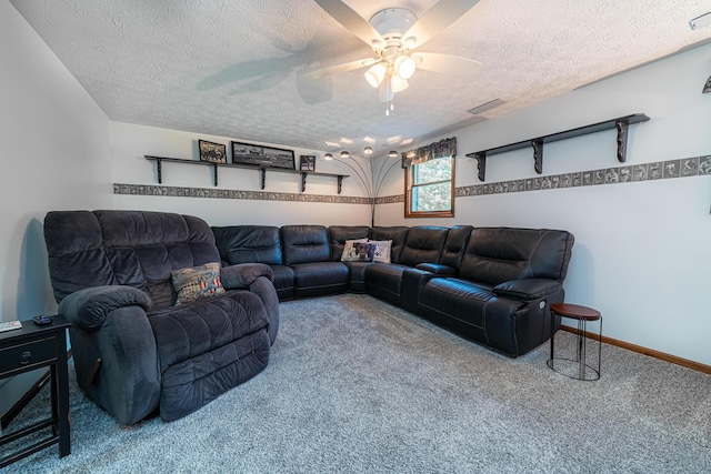 living room with a textured ceiling, ceiling fan, and carpet