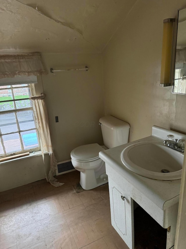 bathroom featuring vanity, toilet, a wealth of natural light, and vaulted ceiling