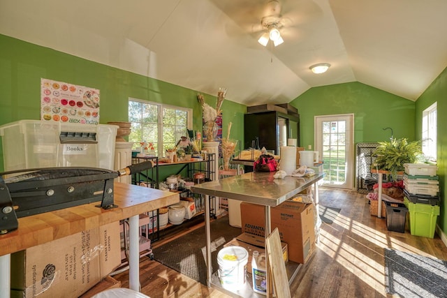 kitchen featuring dark hardwood / wood-style flooring, plenty of natural light, lofted ceiling, and ceiling fan