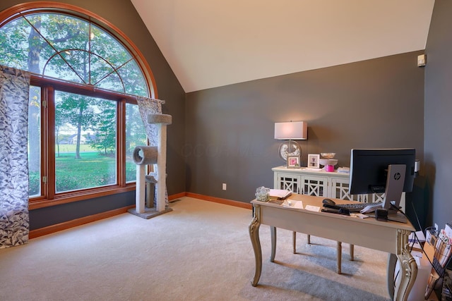 office featuring carpet and high vaulted ceiling