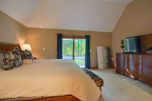 bedroom with access to outside, vaulted ceiling, and light colored carpet