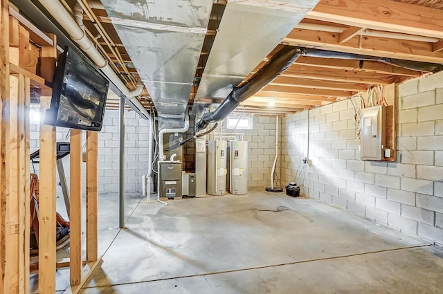 basement featuring electric panel, water heater, and heating unit