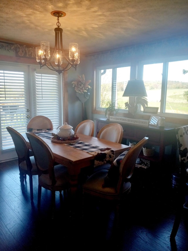 dining room featuring wood-type flooring and an inviting chandelier