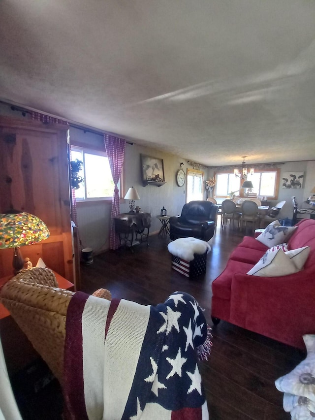 living room with a notable chandelier, plenty of natural light, and wood-type flooring