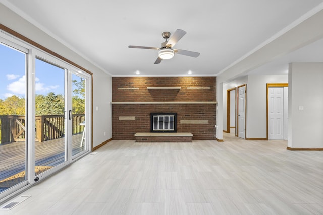 5608 Cardinal Dr, Orient, OH 43146 - unfurnished living room with a ceiling fan, a fireplace, and crown molding