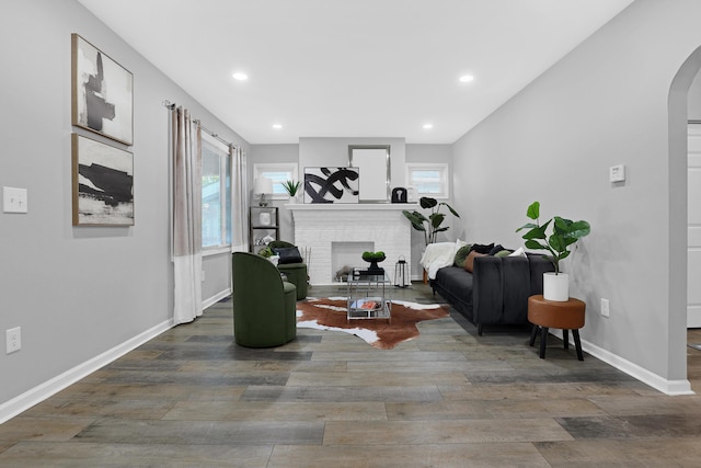 living room featuring a fireplace, plenty of natural light, and dark hardwood / wood-style floors