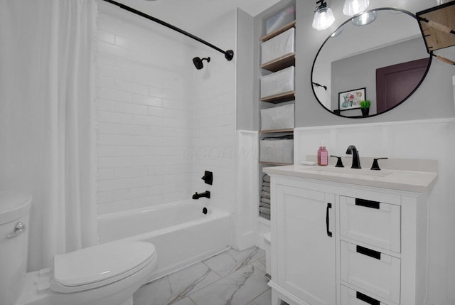 full bathroom with vanity, toilet, and shower / bathtub combination with curtain