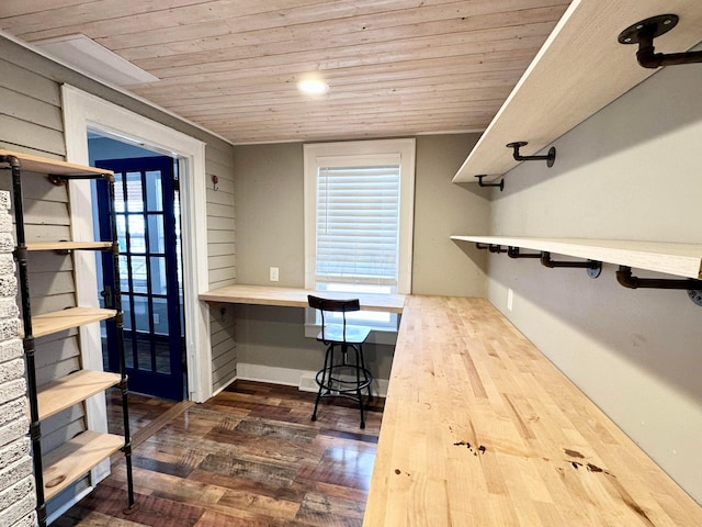 interior space with built in desk, dark hardwood / wood-style floors, and wooden ceiling