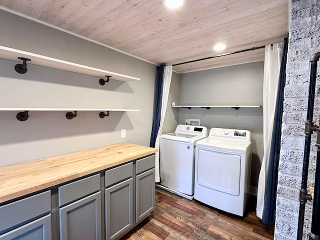 laundry room with independent washer and dryer, dark hardwood / wood-style flooring, and wooden ceiling