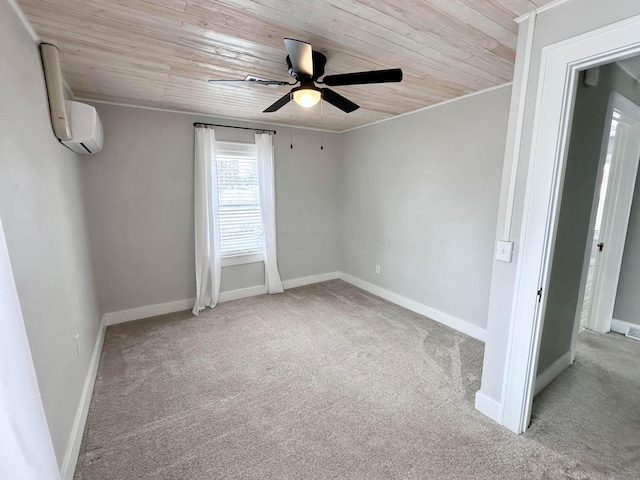 empty room with light colored carpet, ceiling fan, and wood ceiling