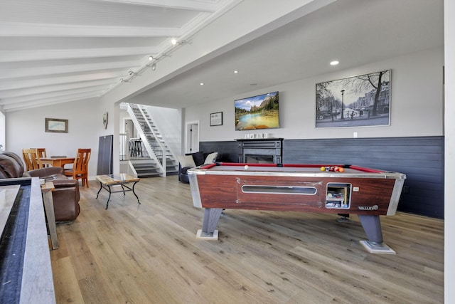 playroom featuring billiards, lofted ceiling with beams, and light wood-type flooring