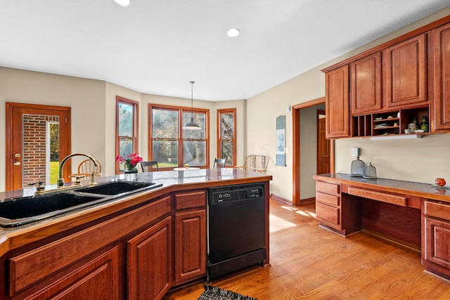 kitchen with sink, dishwasher, decorative light fixtures, and light wood-type flooring