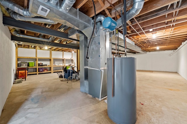 basement with heating unit and water heater