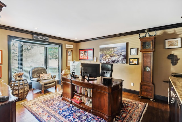 office space featuring dark hardwood / wood-style flooring and crown molding