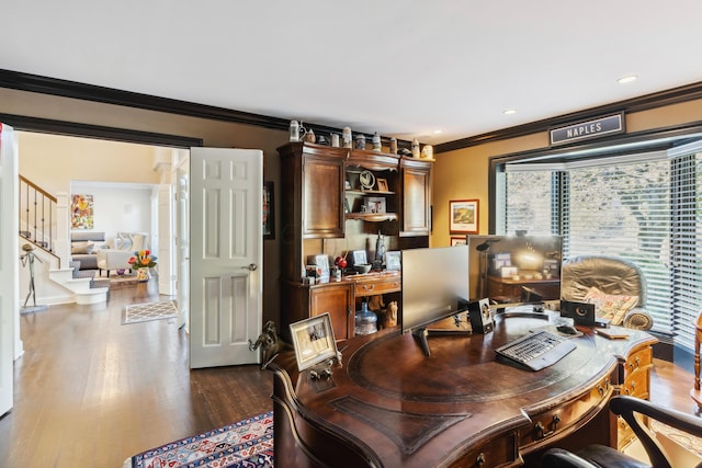 office space featuring dark hardwood / wood-style floors and crown molding