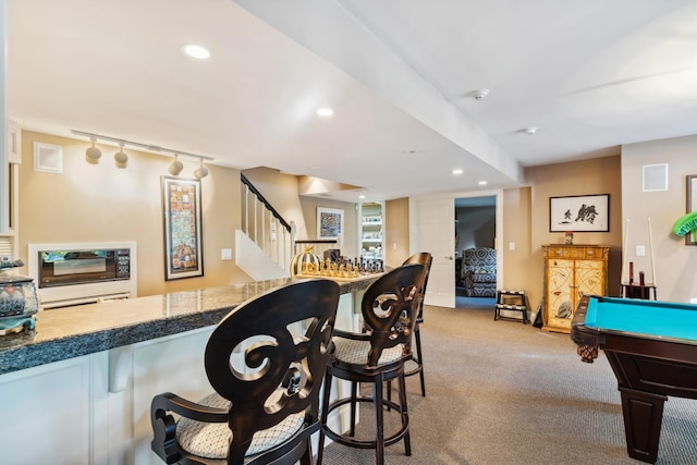 interior space with light carpet, rail lighting, bar, and billiards