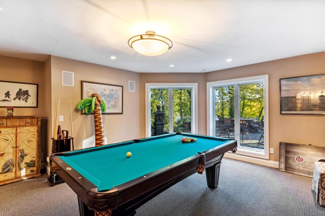 rec room with carpet and billiards