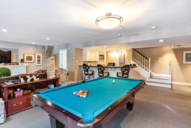 rec room featuring carpet floors and billiards