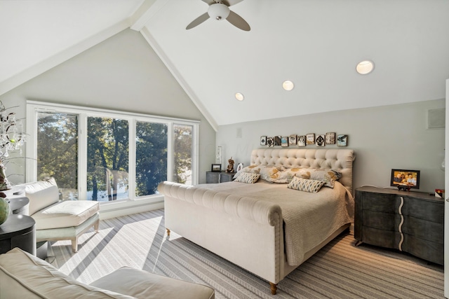 bedroom featuring ceiling fan, high vaulted ceiling, and beamed ceiling