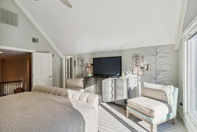 living room featuring lofted ceiling and ceiling fan