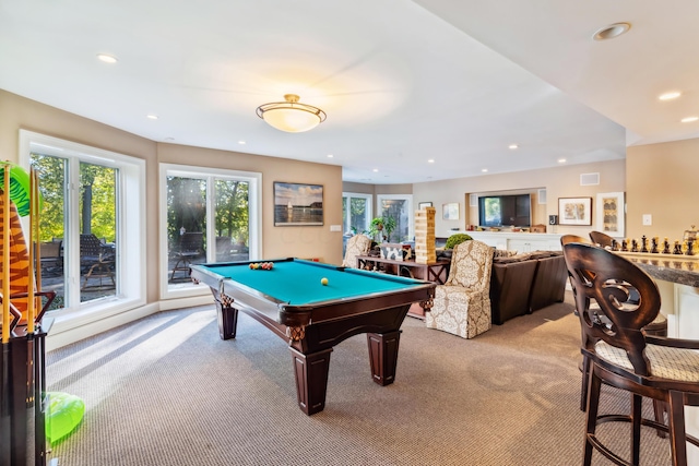 game room featuring light carpet and billiards