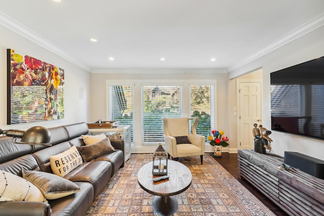 living room with dark hardwood / wood-style floors and ornamental molding