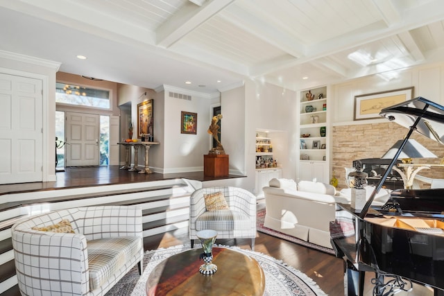 living room featuring beam ceiling, built in features, dark hardwood / wood-style flooring, and crown molding