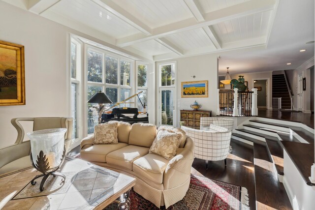 interior space with beam ceiling and coffered ceiling