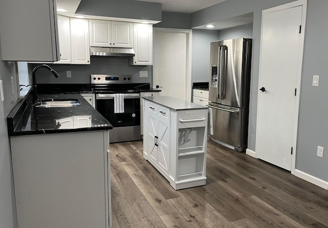 kitchen with white cabinets, a center island, sink, and stainless steel appliances