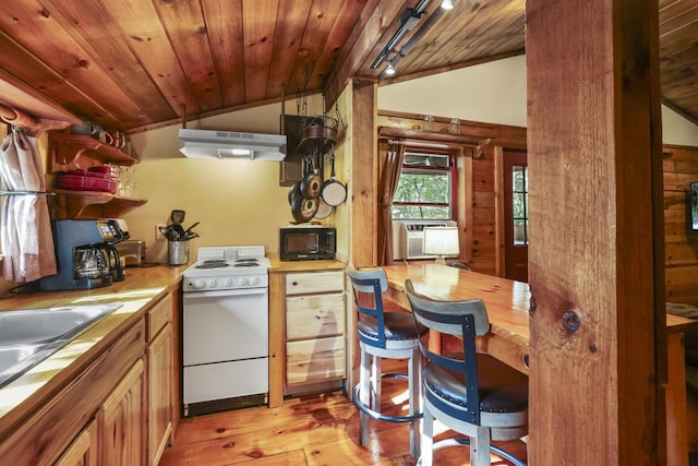 kitchen with rail lighting, wooden ceiling, light hardwood / wood-style floors, vaulted ceiling, and white range with gas cooktop