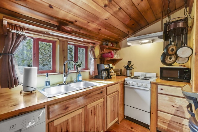 kitchen featuring white appliances, sink, light hardwood / wood-style flooring, vaulted ceiling, and wood ceiling