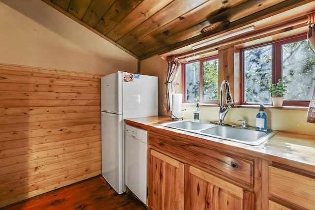 kitchen featuring dishwasher, lofted ceiling, dark wood-type flooring, wooden ceiling, and sink