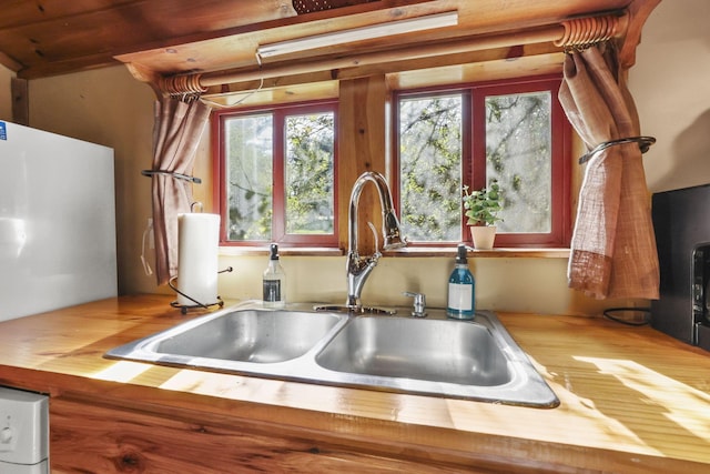 details featuring butcher block counters and sink