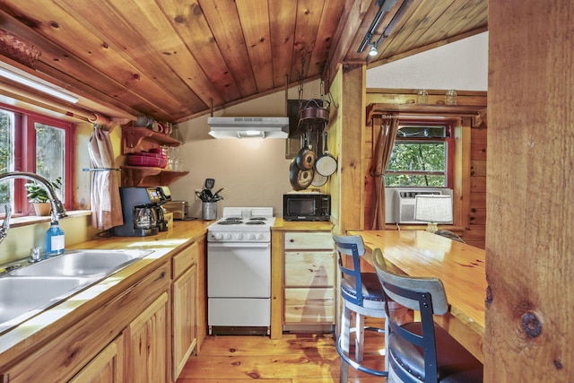 kitchen with plenty of natural light, white range, lofted ceiling, and sink