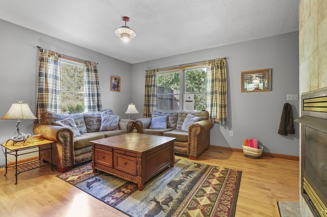 living room with light hardwood / wood-style floors and a textured ceiling