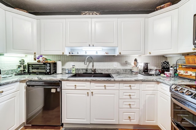 kitchen with a textured ceiling, dishwasher, white cabinetry, and sink