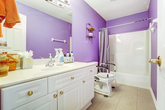 full bathroom with vanity, tile patterned flooring, shower / bathtub combination with curtain, and toilet