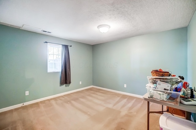 carpeted office with a textured ceiling