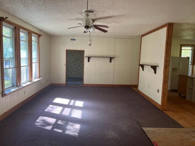 spare room featuring a wealth of natural light, ceiling fan, dark hardwood / wood-style floors, and a textured ceiling