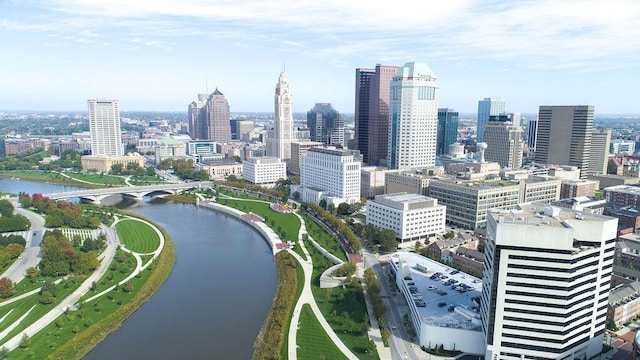 property's view of city featuring a water view