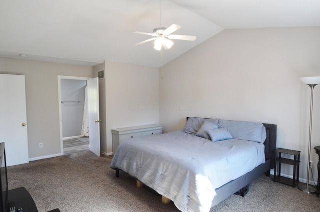 carpeted bedroom featuring ceiling fan and lofted ceiling