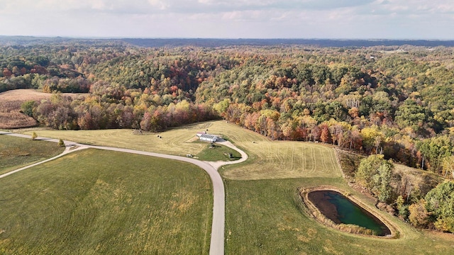 aerial view featuring a water view and a view of trees