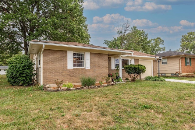 ranch-style home with a garage and a front yard