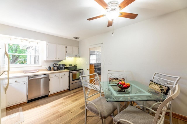 kitchen featuring white cabinets, ceiling fan, light hardwood / wood-style floors, and appliances with stainless steel finishes