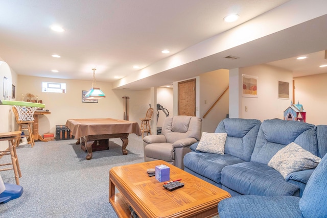 carpeted living room with billiards