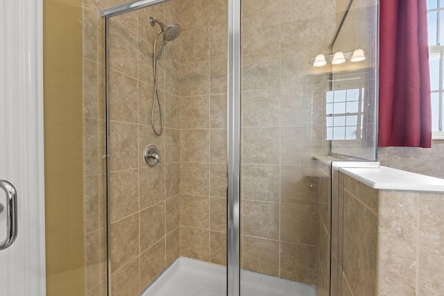 bathroom featuring a shower with shower door