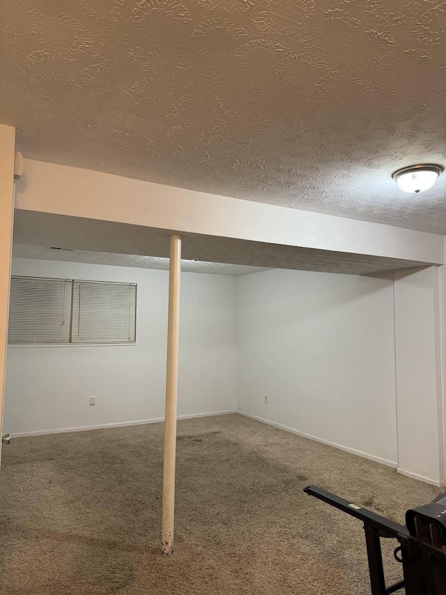 basement featuring carpet and a textured ceiling