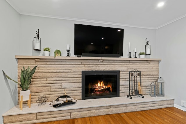 room details with baseboards, a stone fireplace, crown molding, and wood finished floors