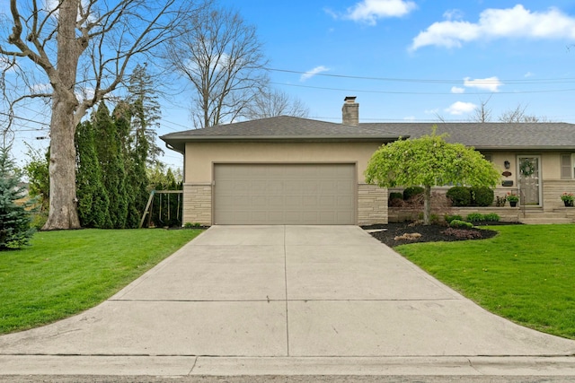 ranch-style home with a front lawn, stone siding, and stucco siding